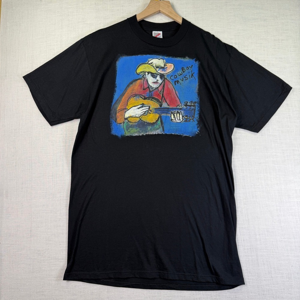 VTG Cowboy Musik Jerzees T-Shirt Mens L Graphic Art T Shirt Black S/S USA‎ Made